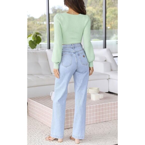 Lacozy Women's B Light Greenr Trendy Long Sleeve Cropped Square Neck Shirts - Picture 4 of 5